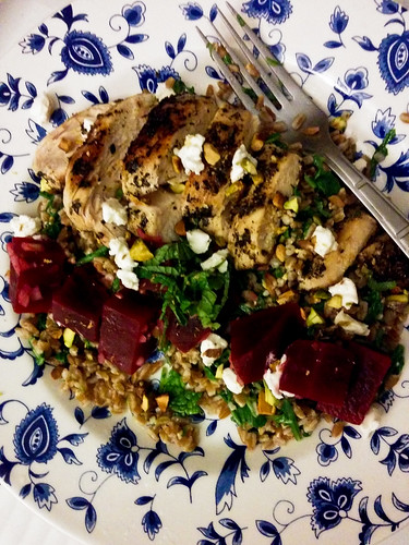 Za'atar Chicken & Farro Salad with Beet, Goat Cheese & Pistachios