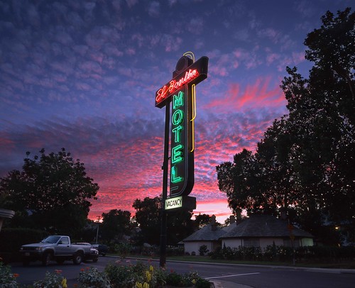 sunset el bonita motel vintage old highway 29 st helena calistoga napa neon sign color sky clouds pink red green yellow rz67 velvia provia e100 northern california roadside route sheet metal glass tubes