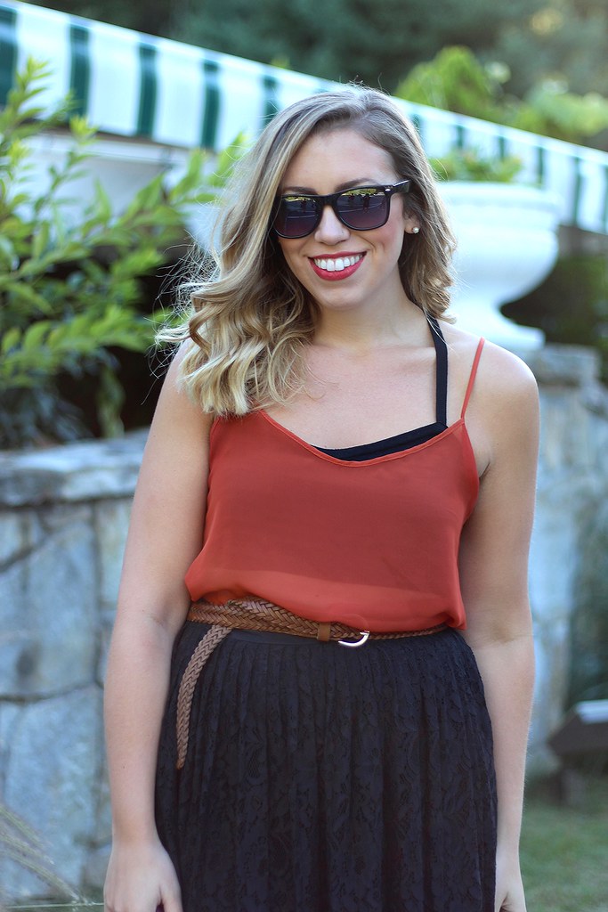 Burnt Orange Tank Black Lace Skirt | Early Fall Fashion Blonde Curly Hair Red Lipstick