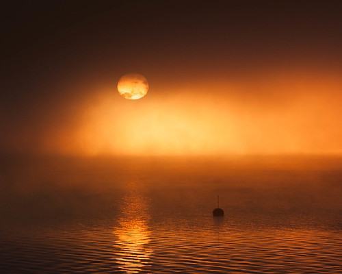 sun mist reflection water fog sunrise golden buoy luleå bergnäset