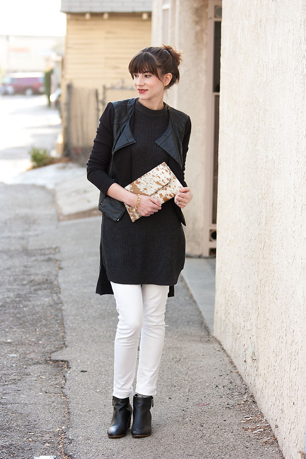 Jackson and Hyde Clutch, Cowhide Clutch, Neutral Layered Outfit