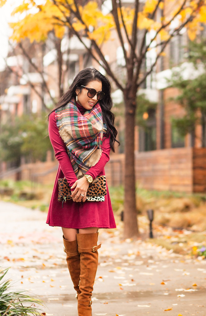cute & little blog | petite fashion | burgundy sweater dress, tartan plaid blanket scarf, tan over the knee otk boots, leopard clutch | fall outfit