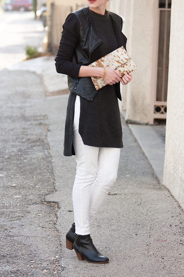 White Skinny Jeans, Side Slit Tunic Sweater, Cowhide Clutch, Jackson and Hyde, Black Booties