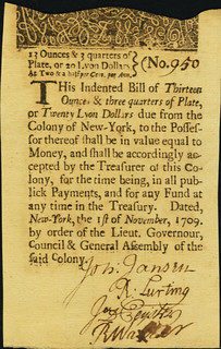 New York November 1, 1709 Lyon Dollars note front