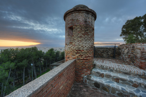 castillodegibralfaro gibralfaro castle fortress history historical aerial view landscape architecture sunset sunsets brick towers steps trees hill railing hdr scenery malaga spain espana andalucia andalusia