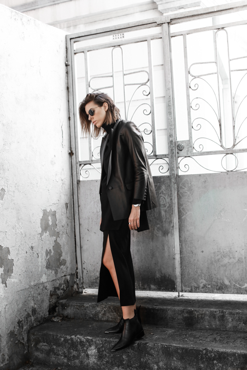 black leather blazer, split midi skirt, Acne Jensen ankle boots, Ellery top, all black street style, modern legacy, fashion blog (1 of 1)