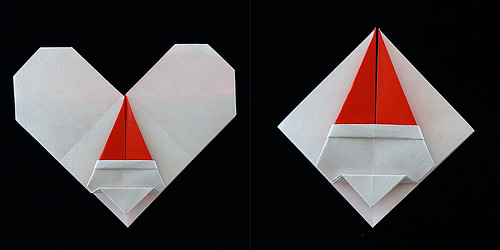 An origami 'Santa Heart' and an origami 'Coaster of Santa' (Fumiaki Shingu)