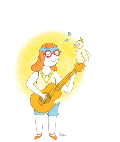 Illustration of hippy girl playing guitar with a bird on neck of guitar