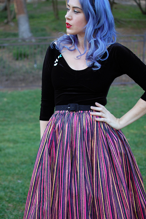 Pinup Girl Clothing Pinup Couture Jenny Skirt in Warm Cabana Stripes Lolita Top in Black Velvet