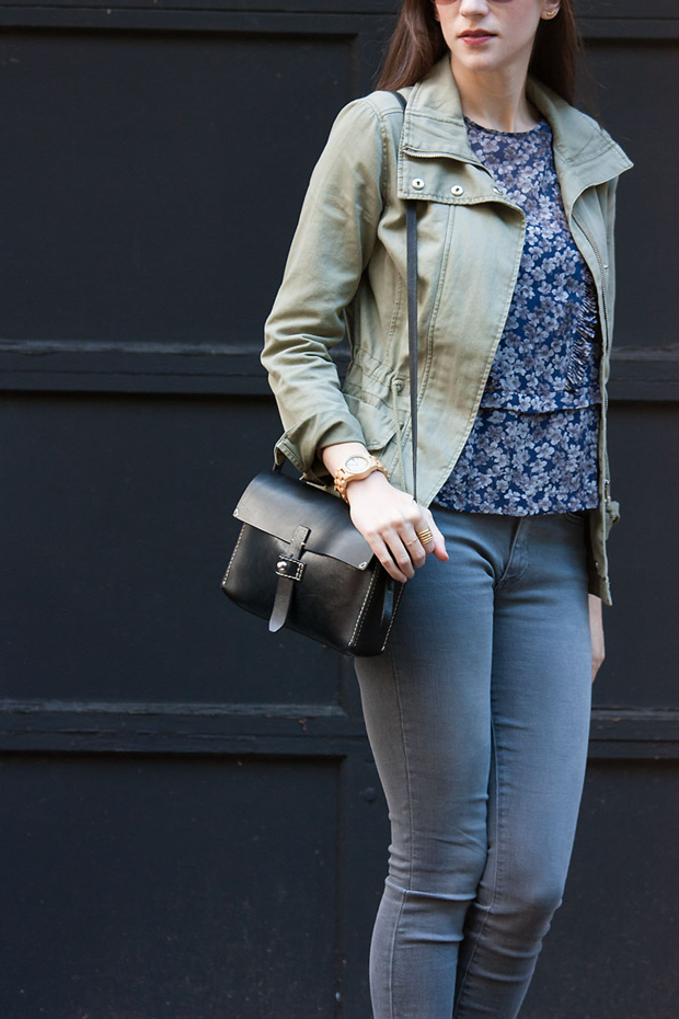 Green Utility Jacket, Silk Floral Blouse, Grey Skinny Jeans, Madewell Bag