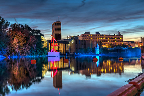 city longexposure trees sunset sky urban sculpture reflection tree clouds reflections river geotagged lights evening nikon downtown unitedstates indiana hdr riverwalk centurycenter southbend stjosephriver nikond5300 southbendriverlights