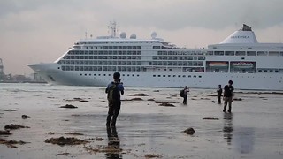 Large cruise ship passes the living reefs of Sentosa Tanjung Rimau
