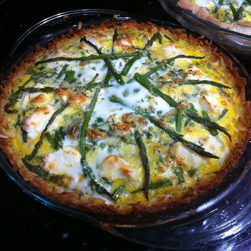 Nearly everything quiche, with hashbrown crust