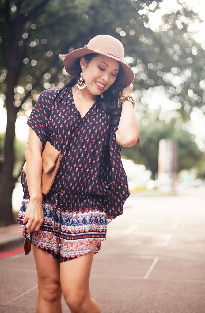 cute & little blog | petite fashion blog | tribal batwing romper, sseko leather clutch, wool floppy hat, ankle booties, statement earrings | fall outfit