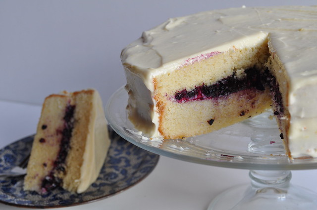 Vanilla Cake with Blueberry Compote Filling and Lemon Curd Frosting