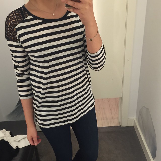  Ann Taylor Striped Lace Shoulder Tee, size XS regular