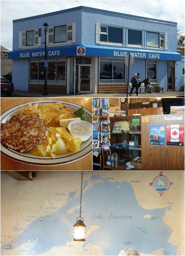 restaurant building, closeup of breakfast plate, cash register, wall mural
