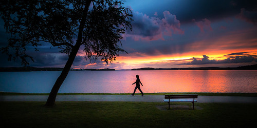 park sunset woman lake tree grass silhouette suomi finland bench walking landscape person scenery view cloudy overcast pyhäjärvi hatanpää