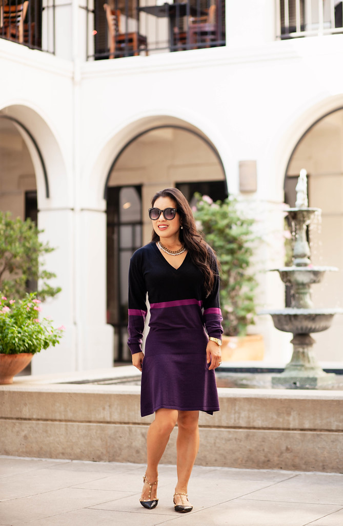 cute & little blog | petite fashion | lacoste colorblock sweater dress, studded flats | fall outfit