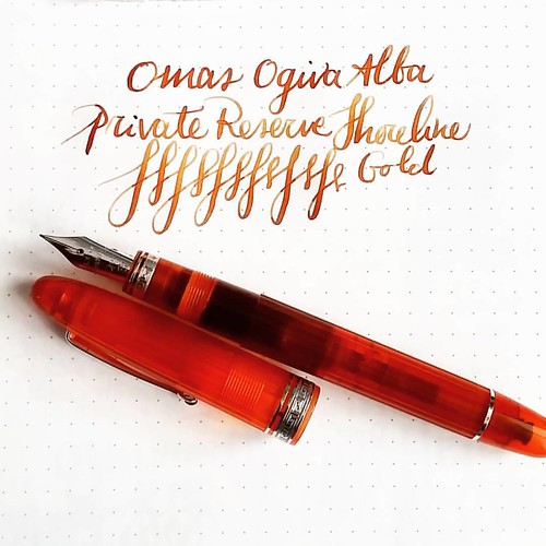 Ogiva Alba Orange with fine extra flessible nib inked with Private Reserve Shoreline Gold. @gouletpens #mondaymatchupgiveaway #mondaymatchup #gouletpens #ogivaalba #fountainpen #funtainpen #fpgeeks #fountainpennetwork #fpn