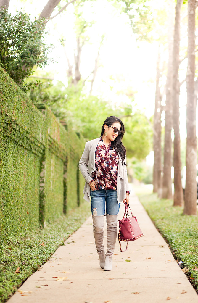 cute & little blog | petite fashion | burgundy floral top, gray cascade waterfull cardigan, ag distressed jeans, stuart weitzman highland boots | fall outfit