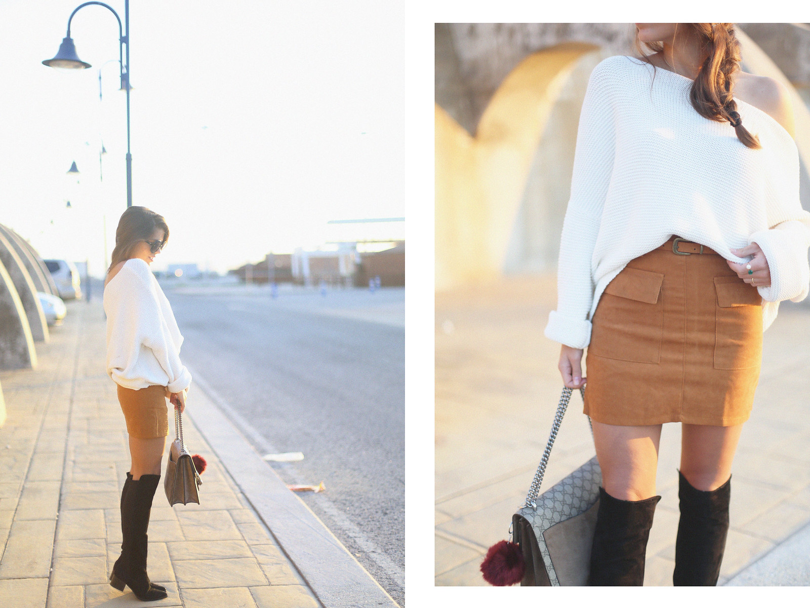 7. jessie chanes - white oversized sweater camel suede skirt over the knee black boots dionysus gucci bag