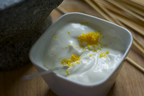 Cumin-chile skewers with lemon yoghurt