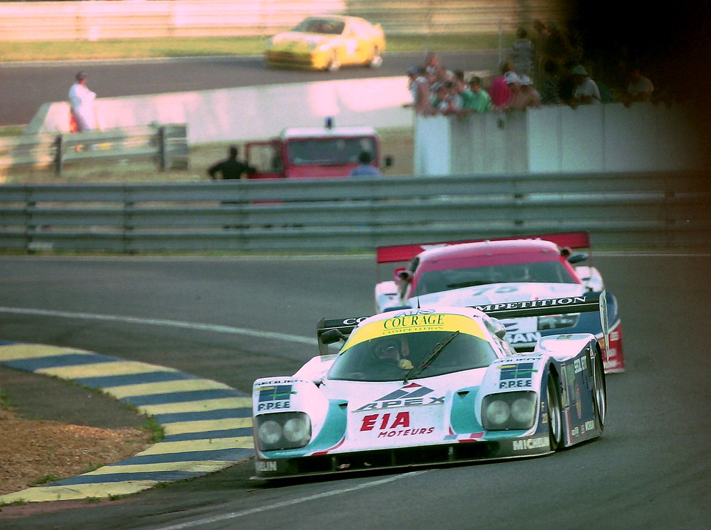 Courage C32LM - Jean-Louis Ricci, Philippe Olczyk & Andy Evans leads the Nissan 300ZX Turbo - Steve Millen, Johnny O`Connell & John Morton in the Esses at the 1994 Le Mans