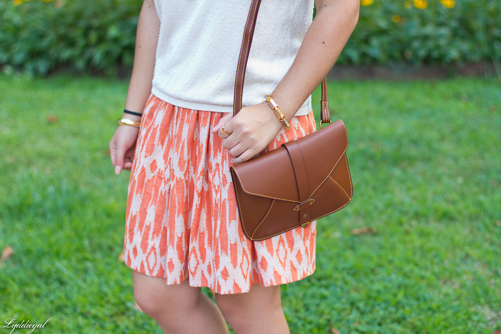 orange ikat skirt, beaded silk shell, brown sandals-3.jpg