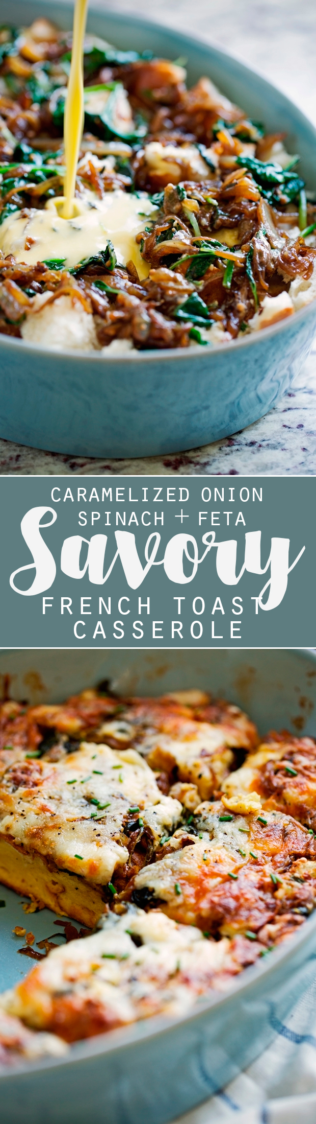 Caramelized Onion Spinach Feta Savory French Toast Casserole - The perfect casserole to make ahead and bake off in the morning. Hearty and delicious! #casserole #frenchtoastcasserole #breakfastcasserole #savoryfrenchtoast | Littlespicejar.com