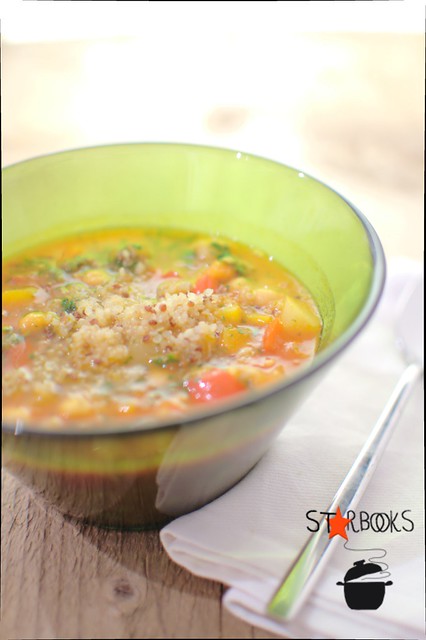 moroccan vegetable soup with green harissa and couscous