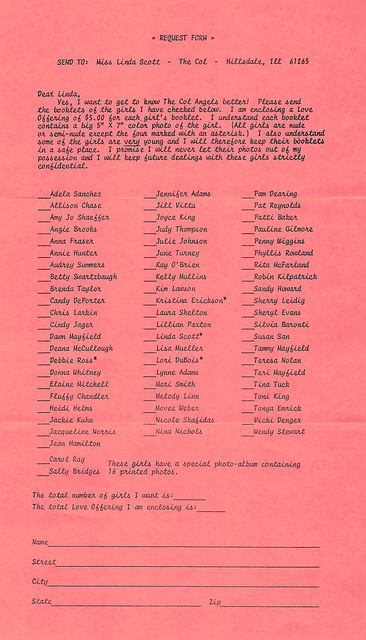 Men filled out this order form to select the women they wanted to receive letters and pictures from.