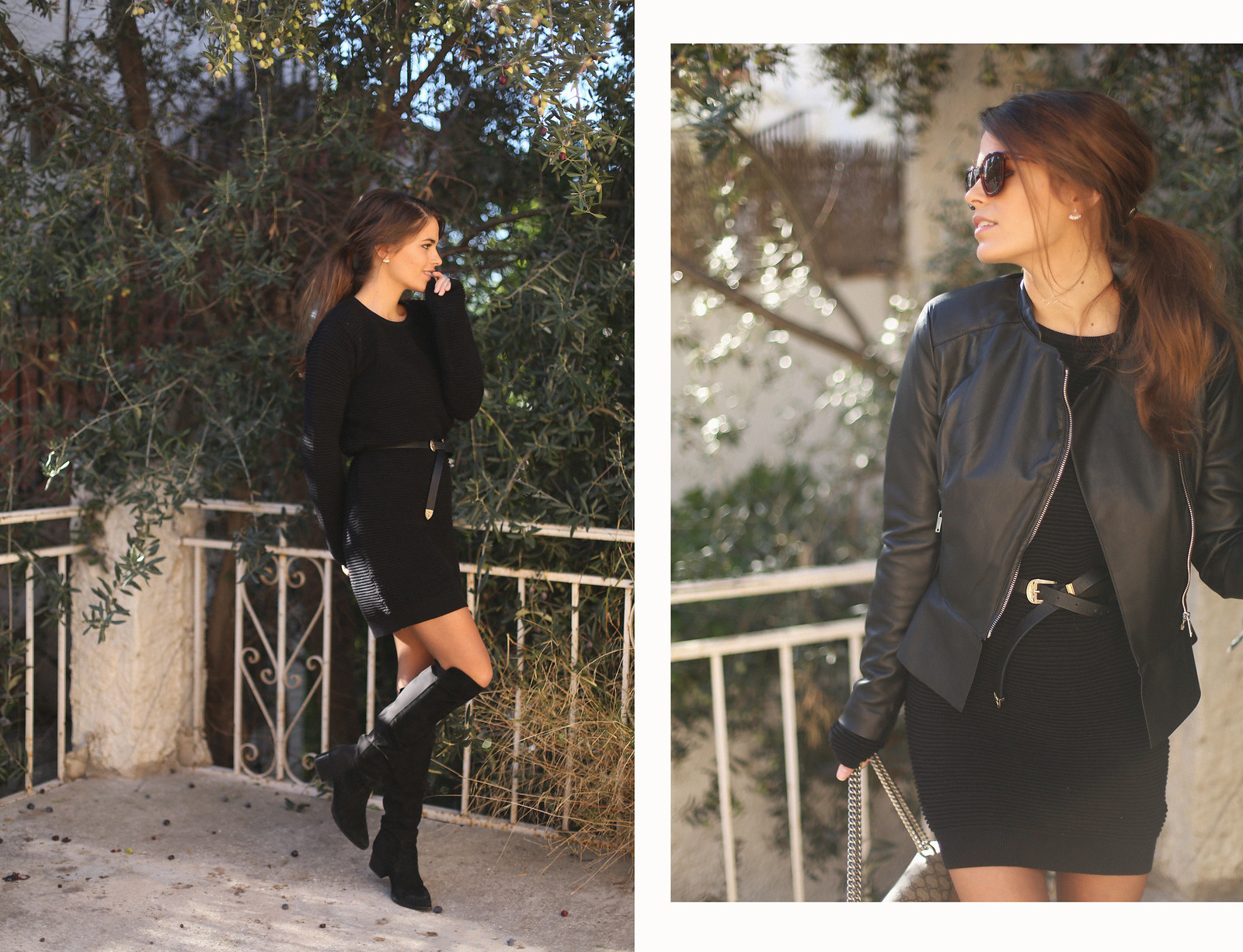 all black everything dress black over the knee boots peplum faux leather jacket - jessie chanes 2