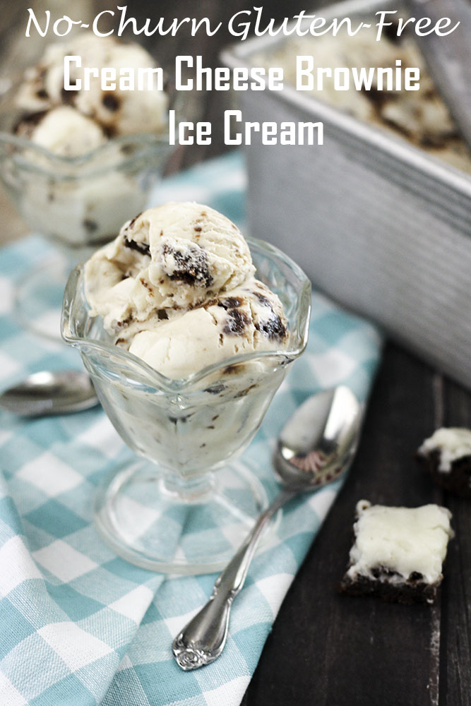 Creamy no-churn Gluten Free Cream Cheese Brownie Ice Cream with swirls of homemade cream cheese frosting and fresh baked gluten free brownies. The perfect way to end the summer and celebrate!