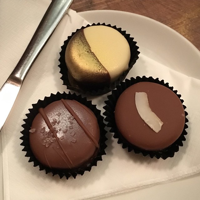 Look at these cute little cakes we had for dessert at Riverhill. They were coconut/almond, salted caramel and a white/dark chocolate. So good.