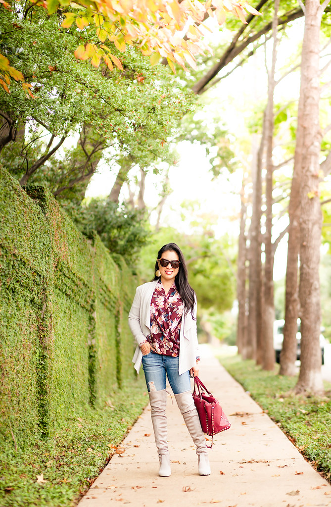 cute & little blog | petite fashion | burgundy floral top, gray cascade waterfull cardigan, ag distressed jeans, stuart weitzman highland boots | fall outfit