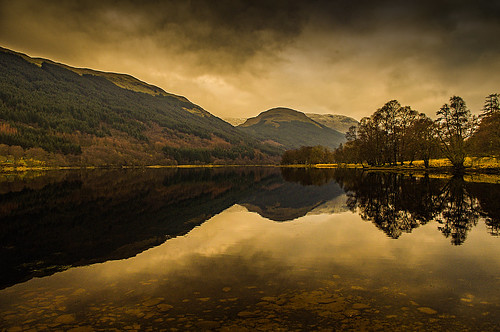 lochvoil tranquility reflection trees hills mountains trossachs balquhidder perthshire scotland clouds lake