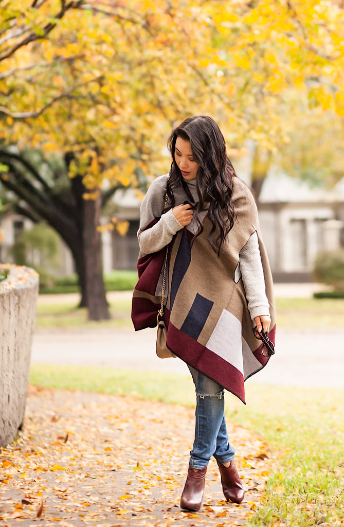 cute & little blog | petite fashion | grace color block cape, distressed jeans, burgundy ankle booties | fall winter outfit