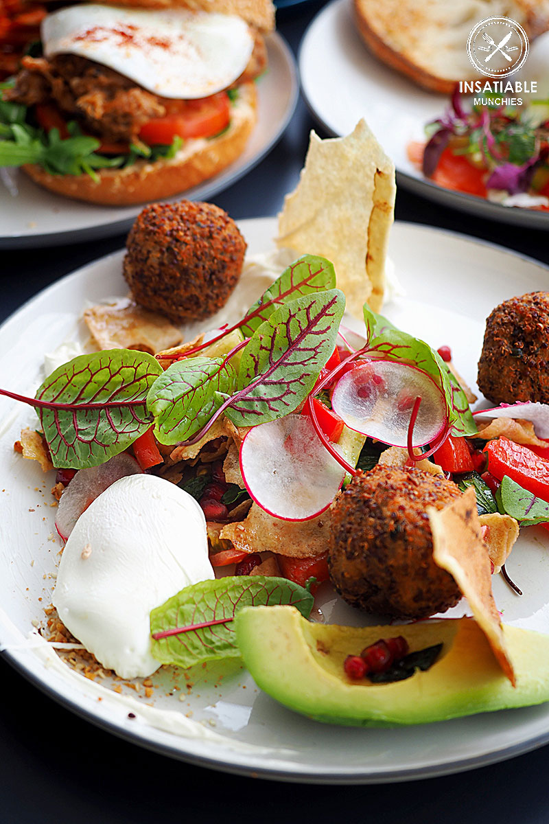 Quinoa and feta fritters, fattoush, avocado, labna and hazelnut dukkah with added poached egg, $22.5. Harry's, Bondi: Sydney Food Blog Review.