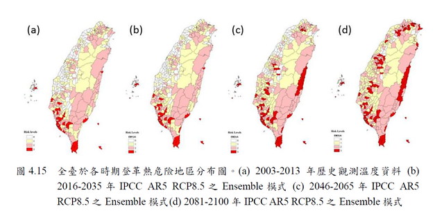 2016-2100 年台灣登革熱危險地區分布。資料來源：臺灣氣候變遷推估與資訊平台建置計畫（TCCIP）研究報告