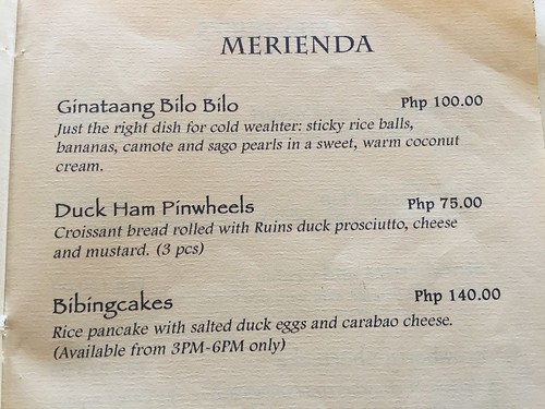 merienda menu, cafe by the ruins