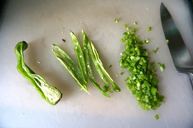 Hatch chiles, similarly deconstructed: halved, seeded, slivered, and diced