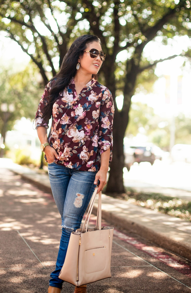 cute & little blog | petite fashion | wine floral surplice top, distressed jeans | fall outfit