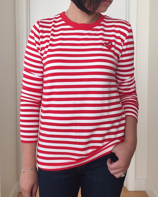 Shein Red & White Long Sleeve Striped T-Shirt, size S