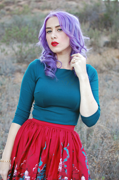 Pinup Girl Clothing Pinup Couture Jenny Skirt in Italian Landscape print Laura Byrnes Sabrina Top in Teal