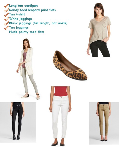 Long tan cardiganPointy-toed leopard print flatsTan t-shirtWhite jeansBlack jeggings (full length, not ankle)Tan jeggingsNude pointy-toed flats