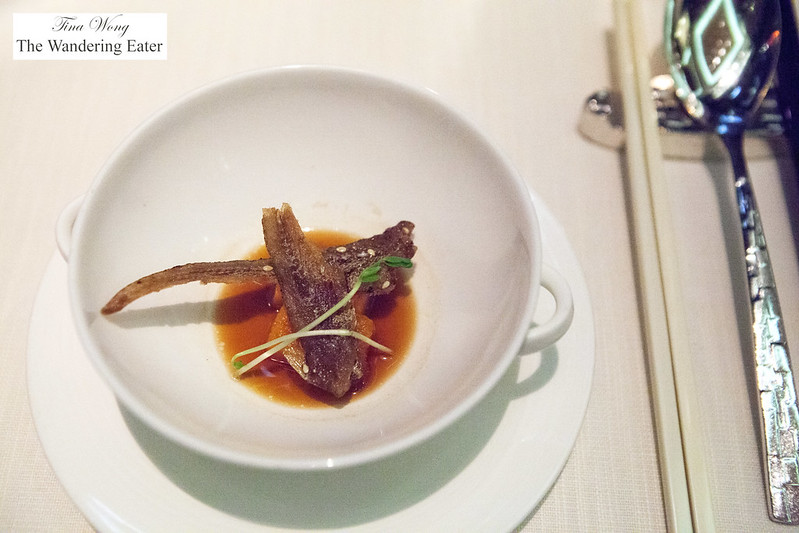 Amuse bouche of fried anchov, Japanaese yam and fish sauce