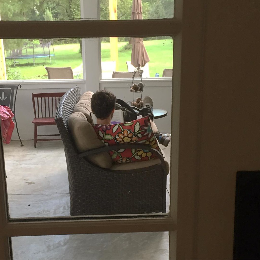 Somehow I have only one kid in school right now.  @austin.kennemer doesn't have many morning classes and claimed the fave reading spot on the back porch.  Eva has staggered start so no school for her today and Blake has a dentist appointment ... So much f