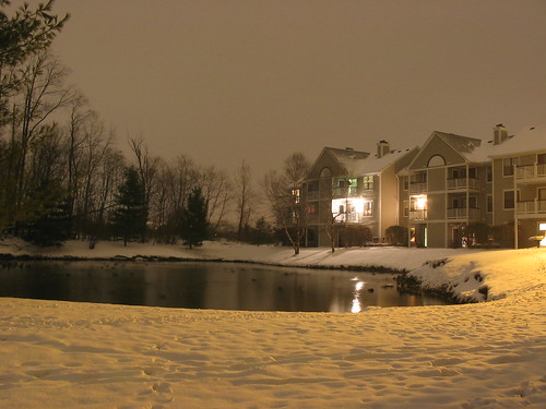 winter ohio snow night pond stow springrun