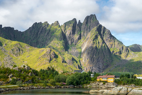 houses sea mountains green water yellow norway landscape coast fjord oru lofoten 2015 ballstad